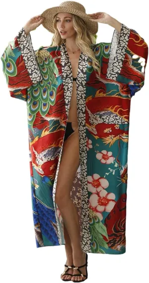 Women's Beach Cover up Dragon and Phoenix Floral Leaf Beach Blouse Kimono Cardigan Vacation Robe Bikini Cover Up Blouse Tops