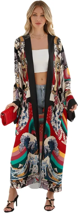 Women's Beach Cover up Dragon and Phoenix Floral Leaf Beach Blouse Kimono Cardigan Vacation Robe Bikini Cover Up Blouse Tops