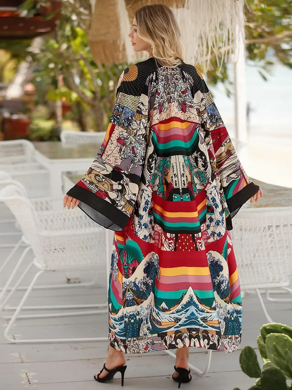 Women's Beach Cover up Dragon and Phoenix Floral Leaf Beach Blouse Kimono Cardigan Vacation Robe Bikini Cover Up Blouse Tops