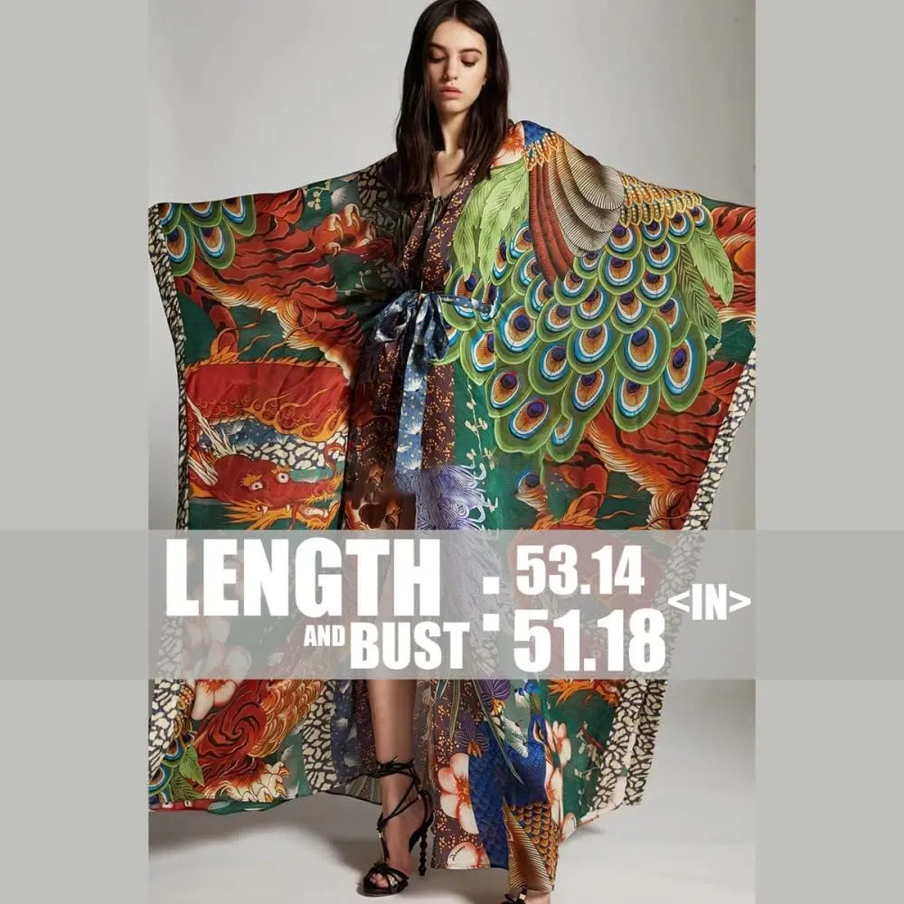 Women's Beach Cover up Dragon and Phoenix Floral Leaf Beach Blouse Kimono Cardigan Vacation Robe Bikini Cover Up Blouse Tops