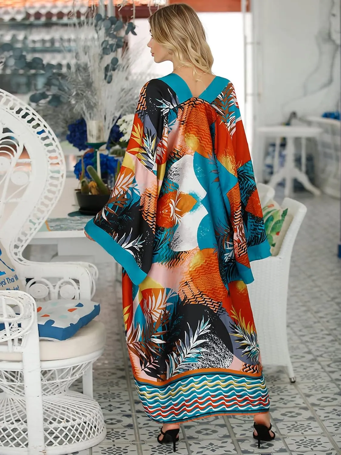 Women's Beach Cover up Dragon and Phoenix Floral Leaf Beach Blouse Kimono Cardigan Vacation Robe Bikini Cover Up Blouse Tops