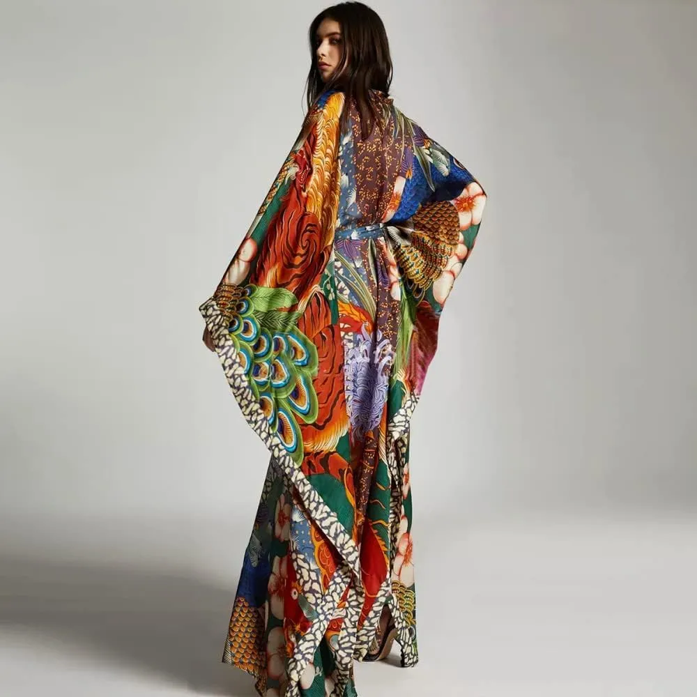 Women's Beach Cover up Dragon and Phoenix Floral Leaf Beach Blouse Kimono Cardigan Vacation Robe Bikini Cover Up Blouse Tops