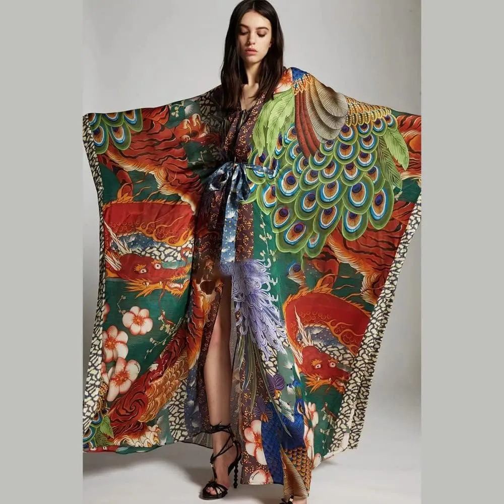 Women's Beach Cover up Dragon and Phoenix Floral Leaf Beach Blouse Kimono Cardigan Vacation Robe Bikini Cover Up Blouse Tops