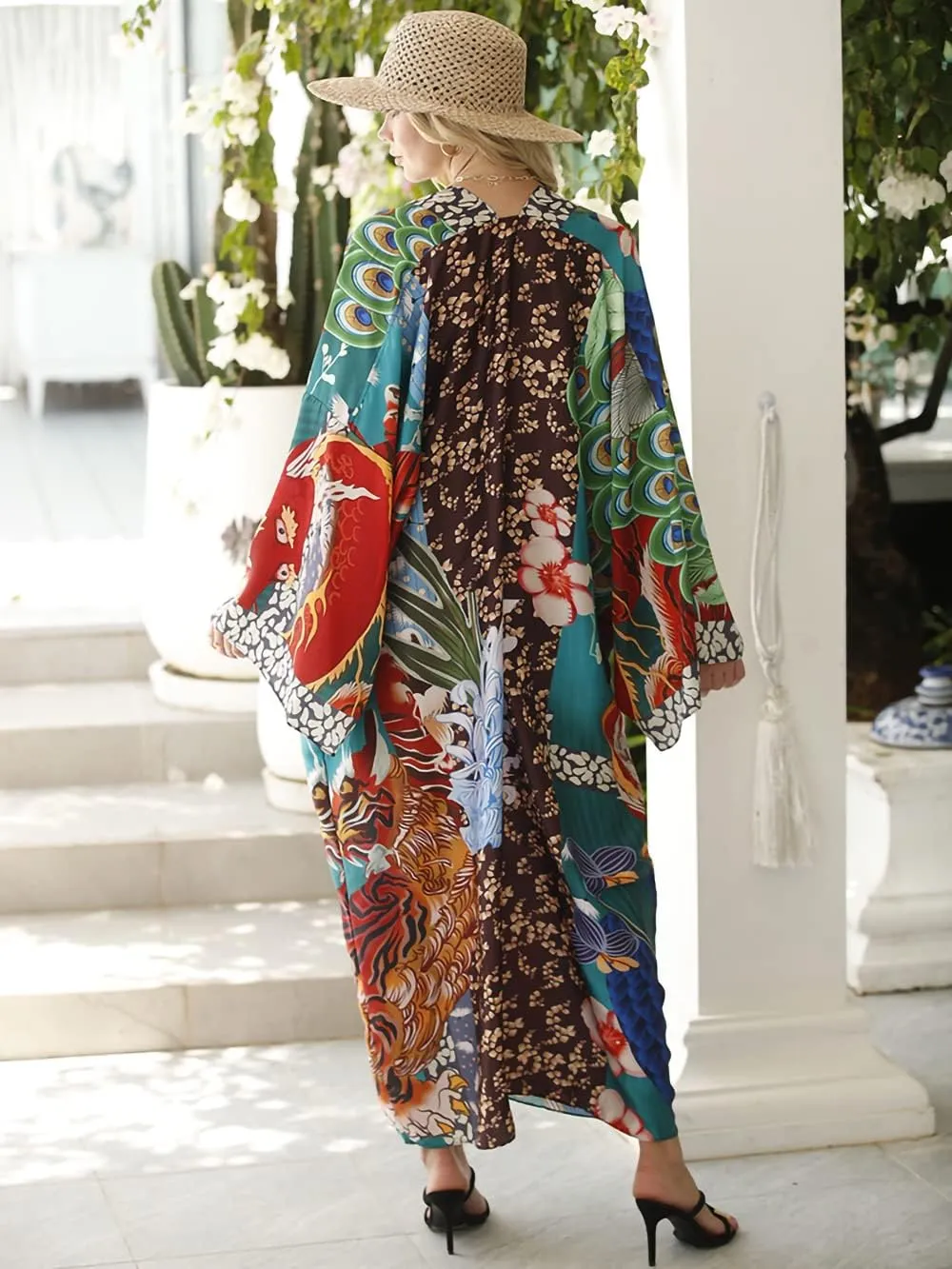 Women's Beach Cover up Dragon and Phoenix Floral Leaf Beach Blouse Kimono Cardigan Vacation Robe Bikini Cover Up Blouse Tops