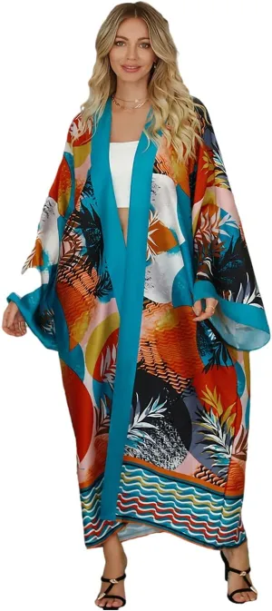 Women's Beach Cover up Dragon and Phoenix Floral Leaf Beach Blouse Kimono Cardigan Vacation Robe Bikini Cover Up Blouse Tops