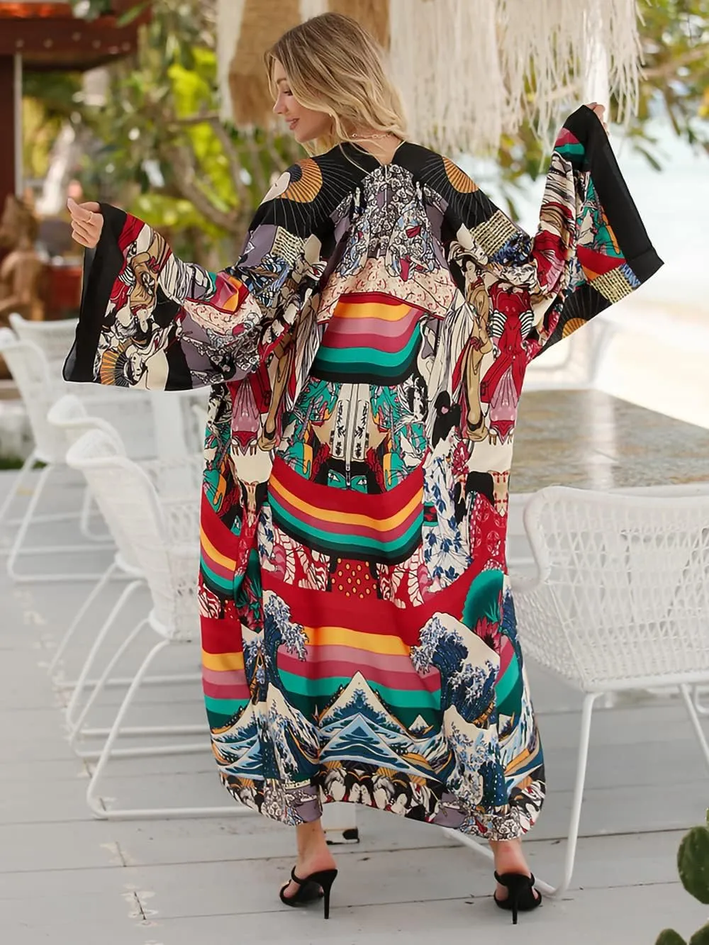 Women's Beach Cover up Dragon and Phoenix Floral Leaf Beach Blouse Kimono Cardigan Vacation Robe Bikini Cover Up Blouse Tops