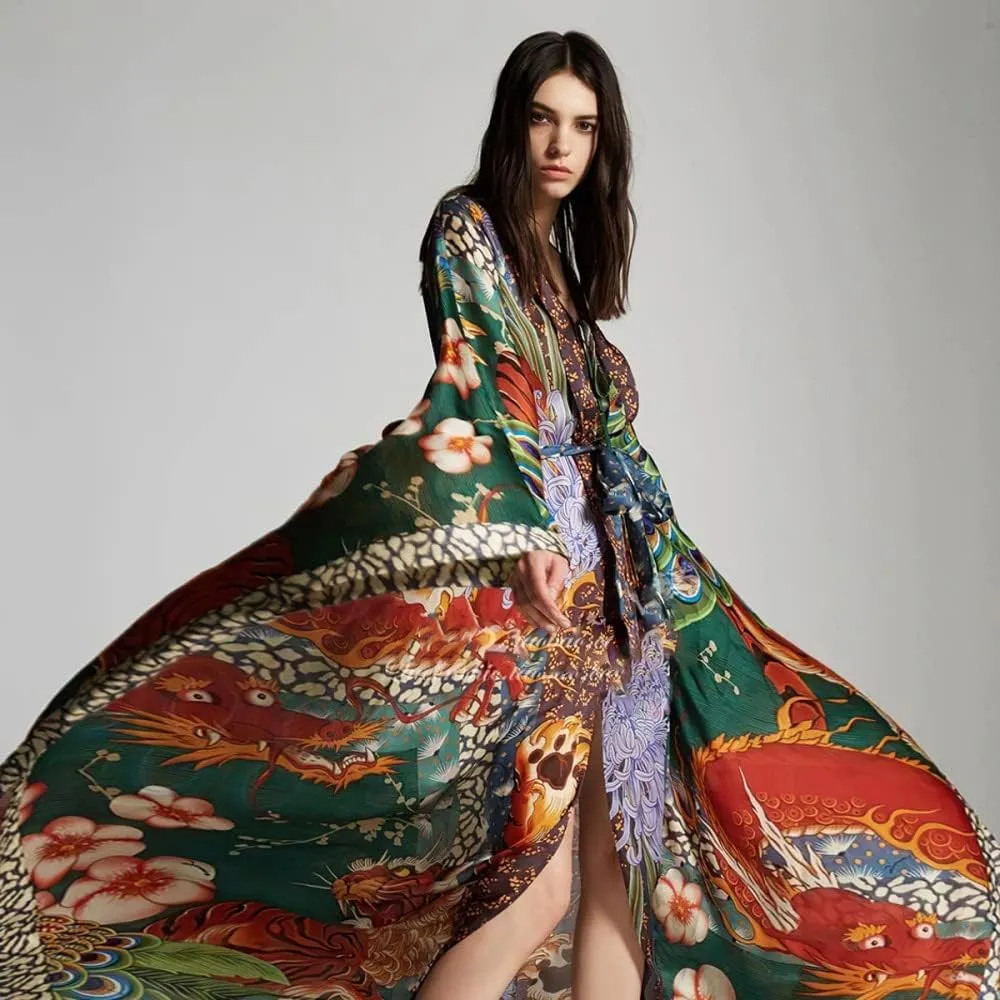 Women's Beach Cover up Dragon and Phoenix Floral Leaf Beach Blouse Kimono Cardigan Vacation Robe Bikini Cover Up Blouse Tops