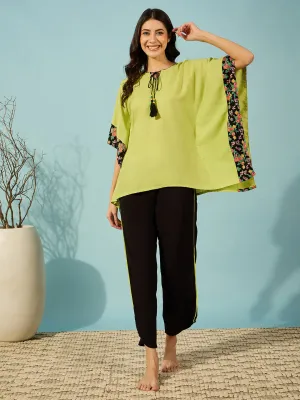 Women's Black Viscose Rayon Floral Night Suit - The Kaftan Company