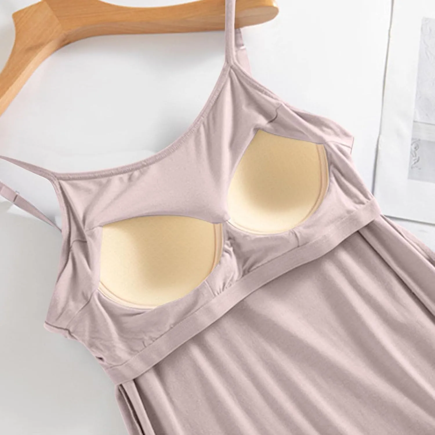 Women's Built in Bra Nightgowns Long Cotton Sleepshirt Spaghetti Strap Padded Sleep Dress Lounge Casual Pajamas