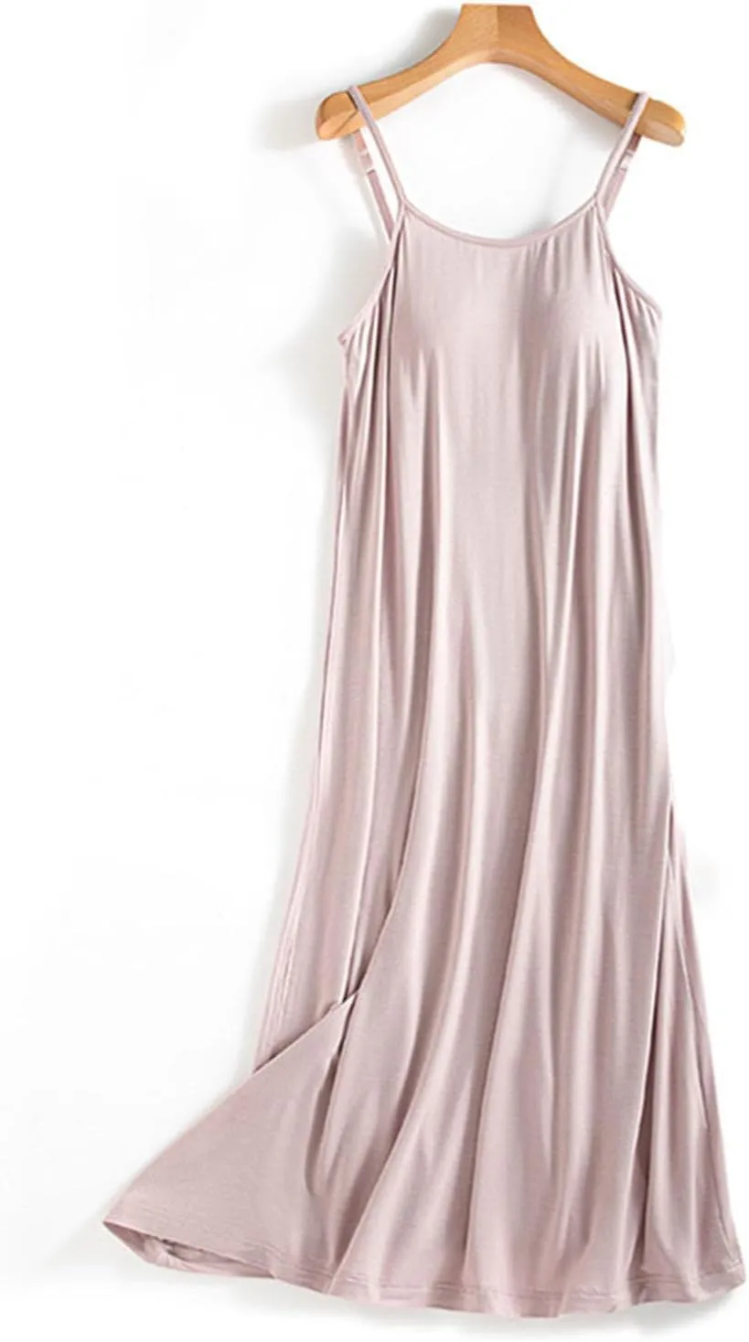 Women's Built in Bra Nightgowns Long Cotton Sleepshirt Spaghetti Strap Padded Sleep Dress Lounge Casual Pajamas