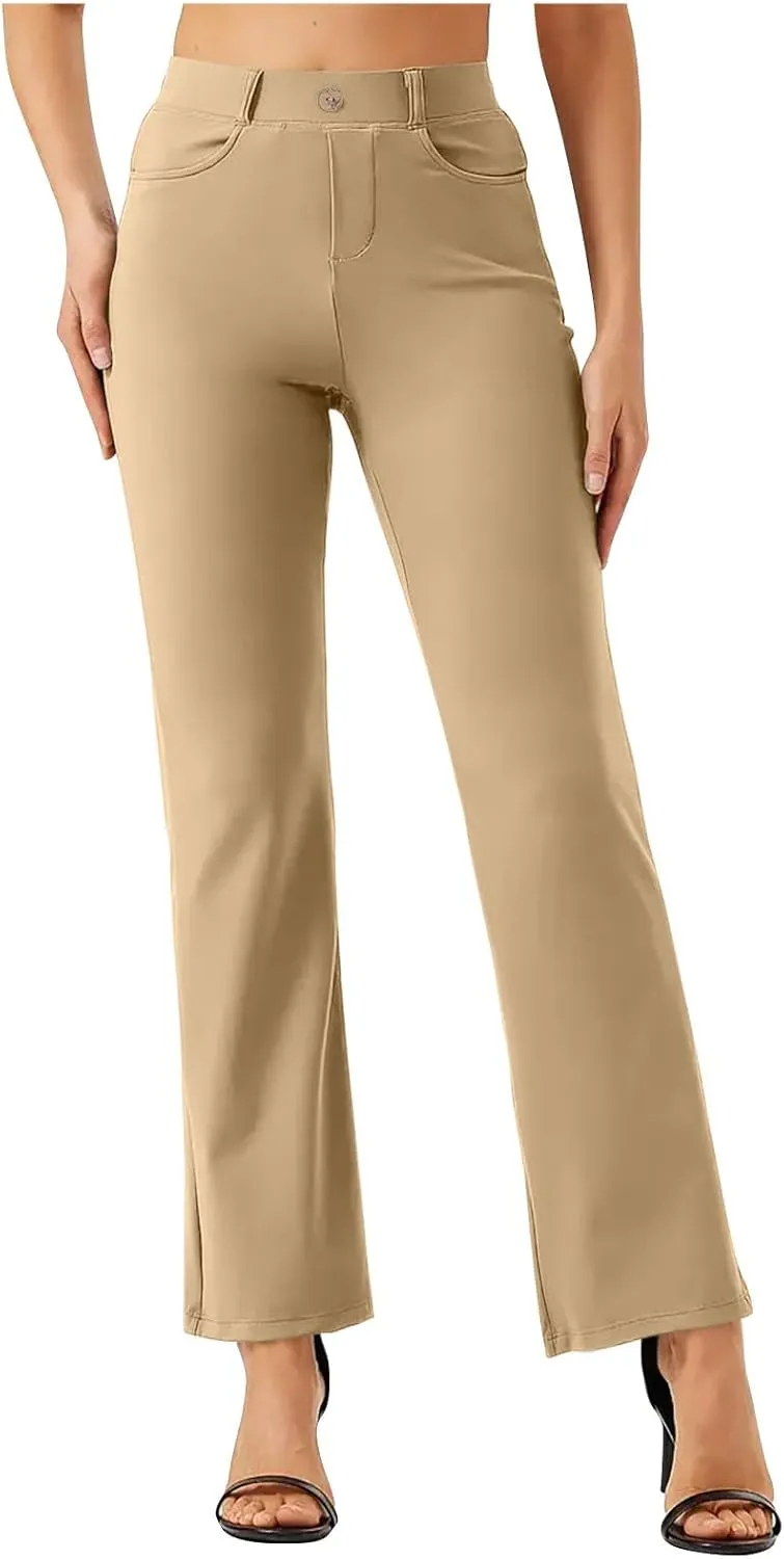 Womens Business Work Pants with Pockets Stretchy Straight Leg Dress Pants High Waist Office Slacks Trousers