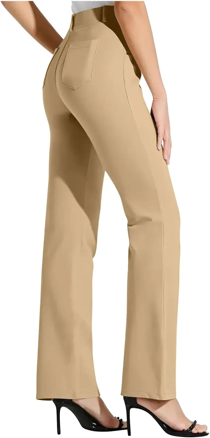 Womens Business Work Pants with Pockets Stretchy Straight Leg Dress Pants High Waist Office Slacks Trousers