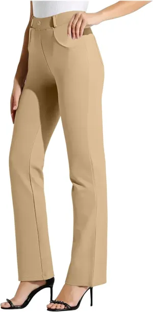 Womens Business Work Pants with Pockets Stretchy Straight Leg Dress Pants High Waist Office Slacks Trousers