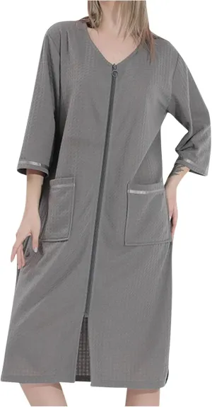 Women's Casual 3/4 Sleeve Zipper Bathrobe Loose V Neck Waffle Sleepwear Robes Plain Soft Nightgown Comfy Loungewear