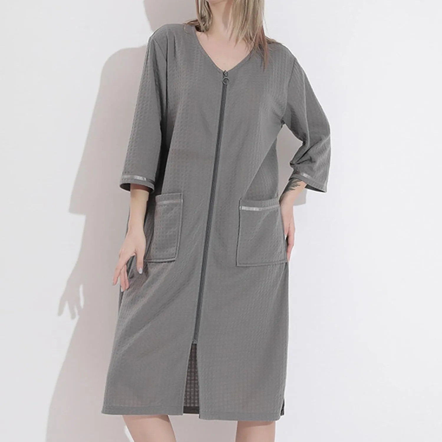 Women's Casual 3/4 Sleeve Zipper Bathrobe Loose V Neck Waffle Sleepwear Robes Plain Soft Nightgown Comfy Loungewear