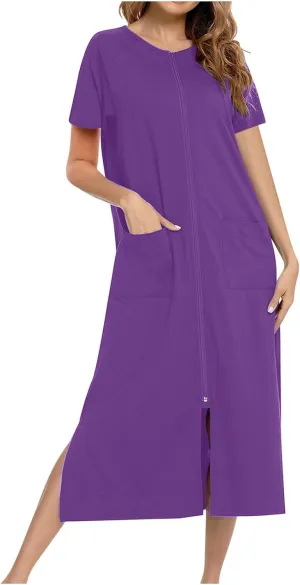 Womens Casual House Robes Zipper Front Short Sleeve Full Length Nightgowns Classic Simple Solid Bathrobe Loungewear