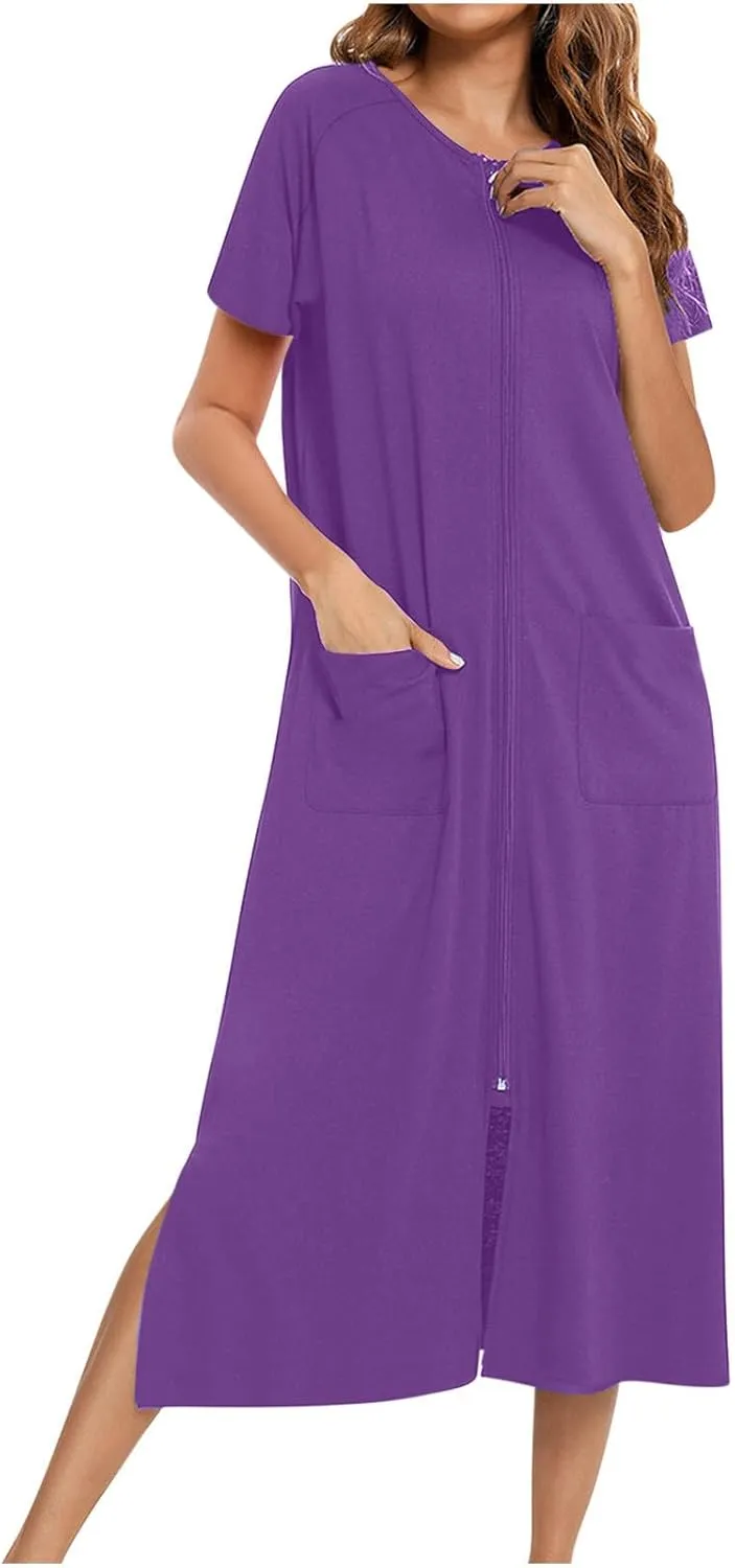 Womens Casual House Robes Zipper Front Short Sleeve Full Length Nightgowns Classic Simple Solid Bathrobe Loungewear
