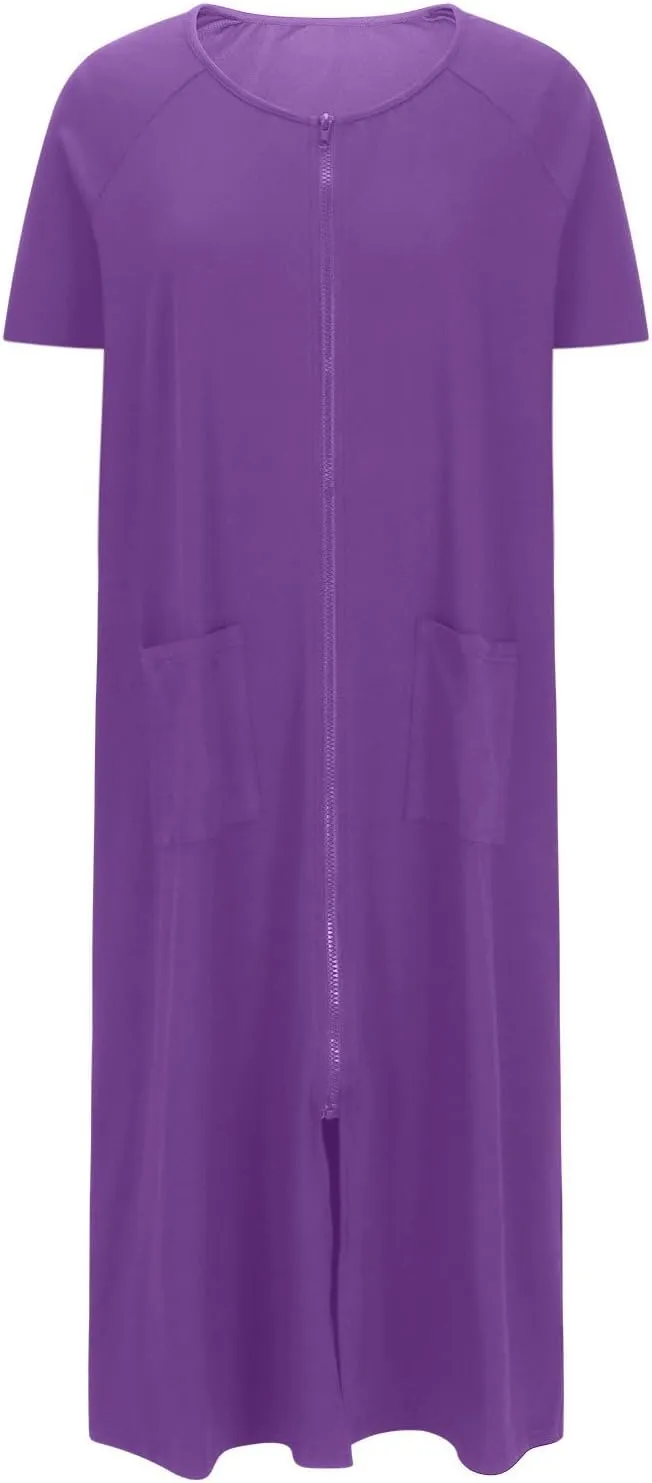 Womens Casual House Robes Zipper Front Short Sleeve Full Length Nightgowns Classic Simple Solid Bathrobe Loungewear