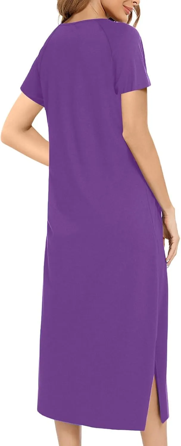 Womens Casual House Robes Zipper Front Short Sleeve Full Length Nightgowns Classic Simple Solid Bathrobe Loungewear