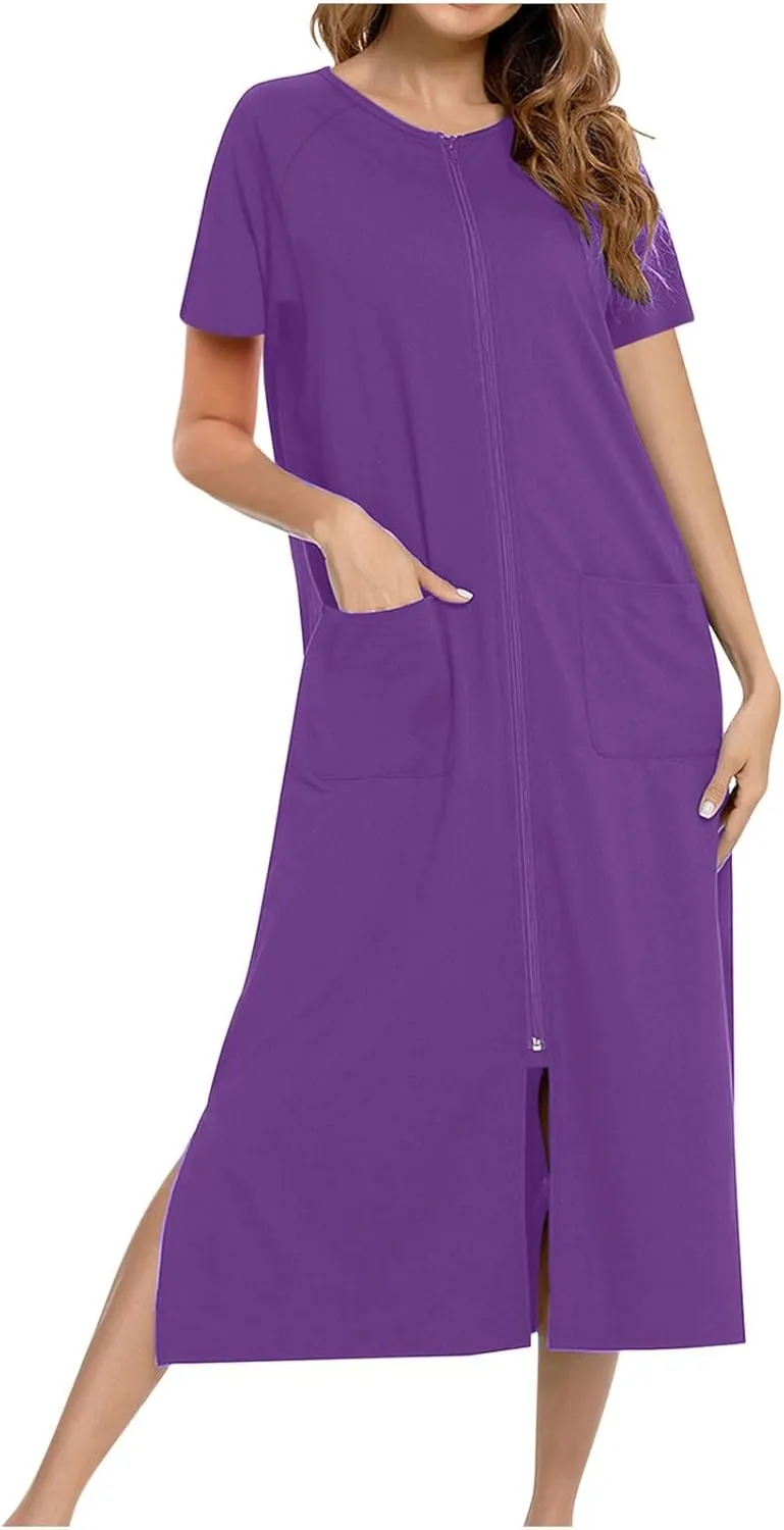 Womens Casual House Robes Zipper Front Short Sleeve Full Length Nightgowns Classic Simple Solid Bathrobe Loungewear