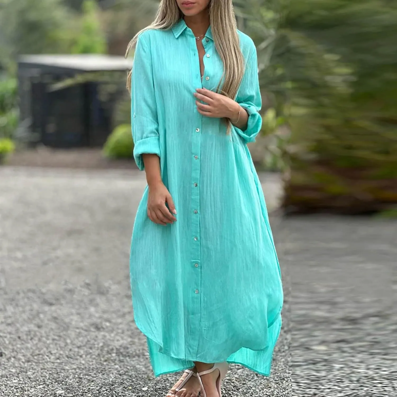 Womens Casual Long Sleeve Button Down Dress Loose Cotton Linen Maxi Shirt Dress Plus Size Flowy Summer Beach Long Dress