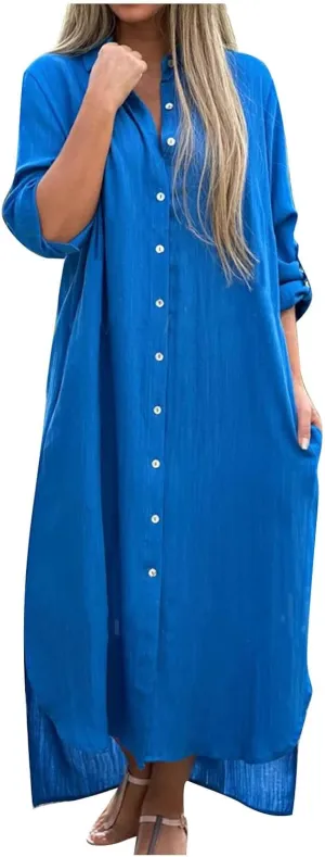 Womens Casual Long Sleeve Button Down Dress Loose Cotton Linen Maxi Shirt Dress Plus Size Flowy Summer Beach Long Dress