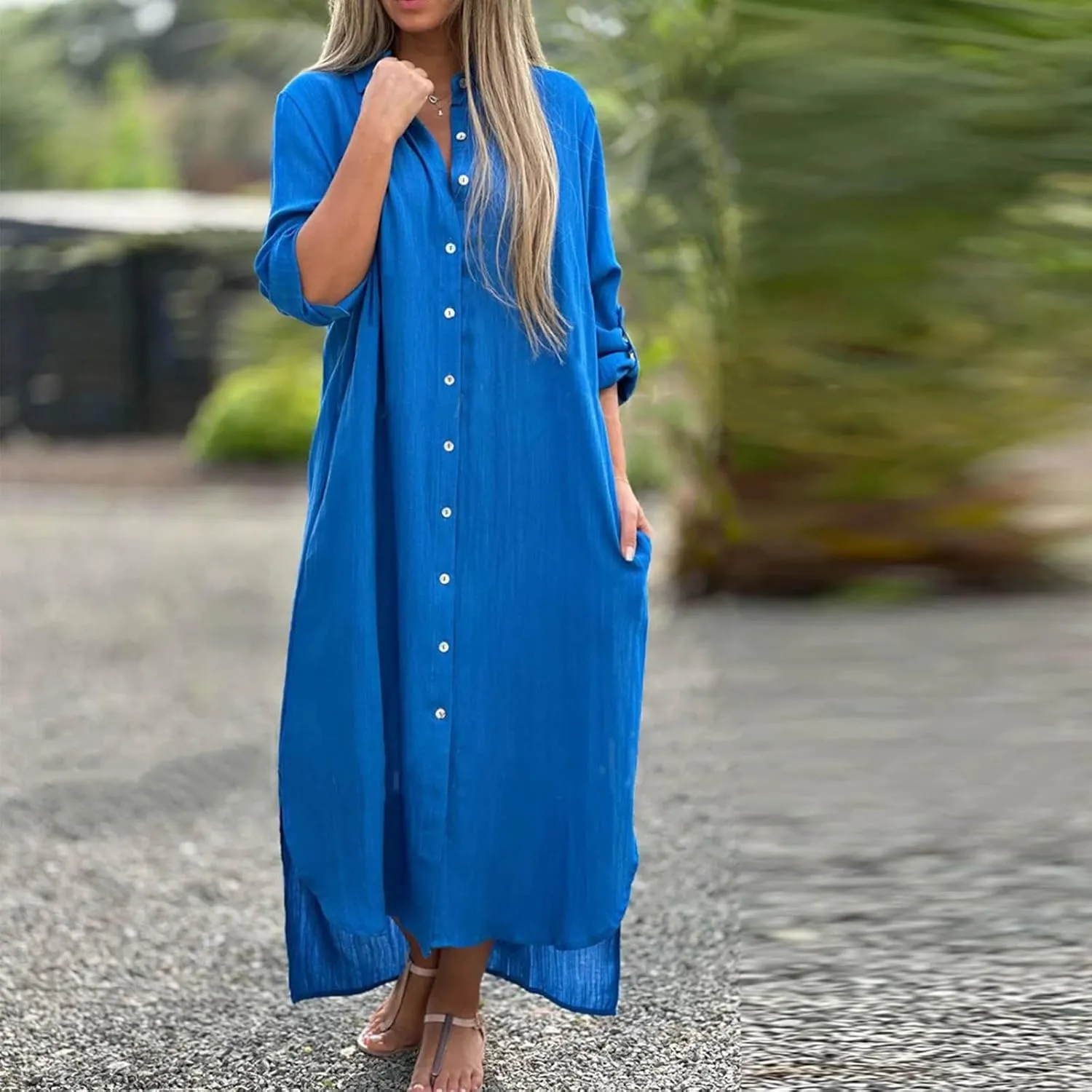 Womens Casual Long Sleeve Button Down Dress Loose Cotton Linen Maxi Shirt Dress Plus Size Flowy Summer Beach Long Dress