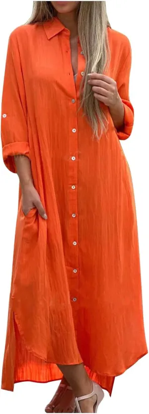 Womens Casual Long Sleeve Button Down Dress Loose Cotton Linen Maxi Shirt Dress Plus Size Flowy Summer Beach Long Dress