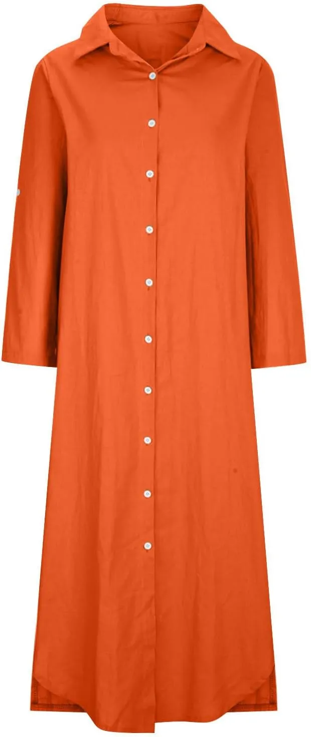 Womens Casual Long Sleeve Button Down Dress Loose Cotton Linen Maxi Shirt Dress Plus Size Flowy Summer Beach Long Dress