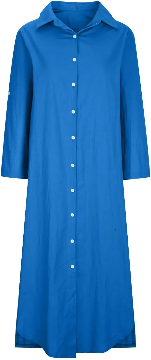 Womens Casual Long Sleeve Button Down Dress Loose Cotton Linen Maxi Shirt Dress Plus Size Flowy Summer Beach Long Dress