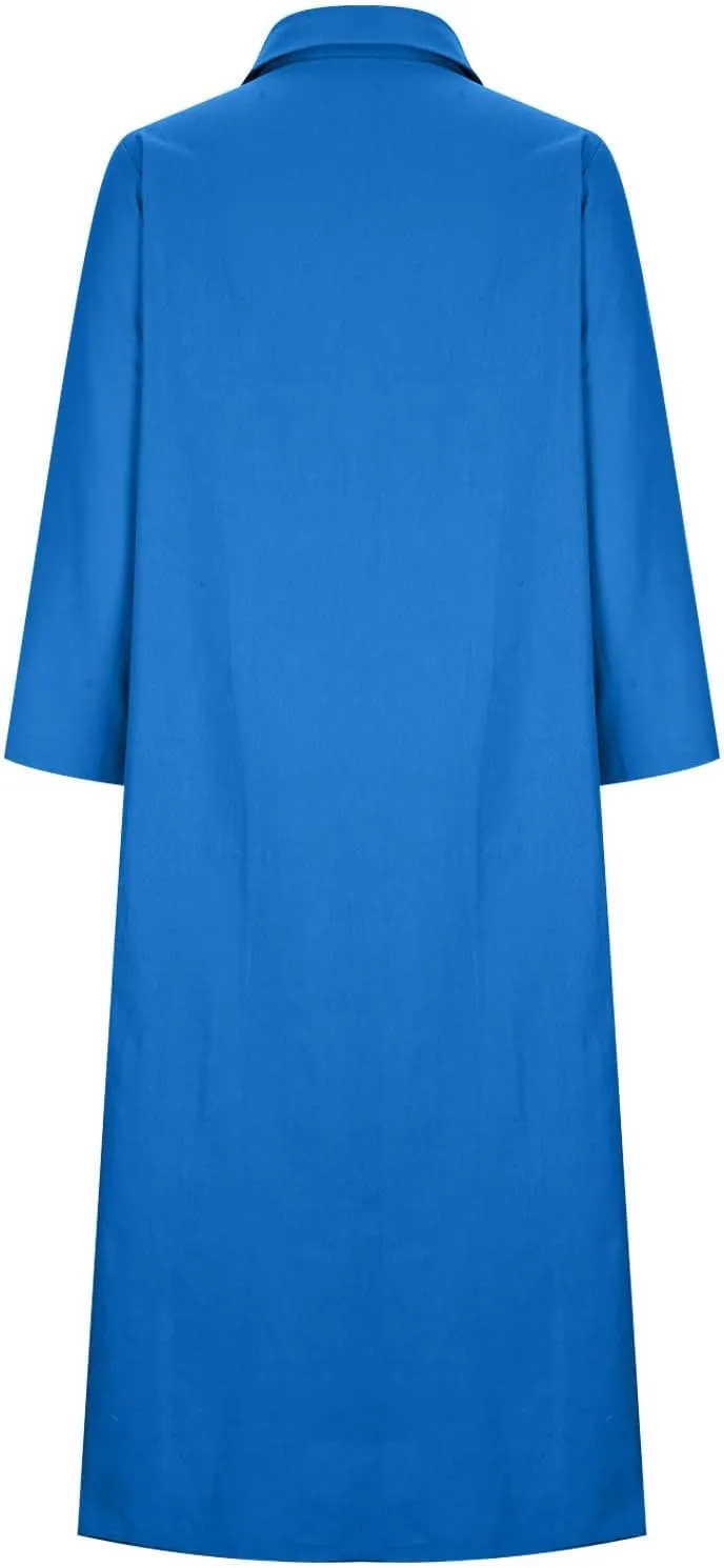 Womens Casual Long Sleeve Button Down Dress Loose Cotton Linen Maxi Shirt Dress Plus Size Flowy Summer Beach Long Dress