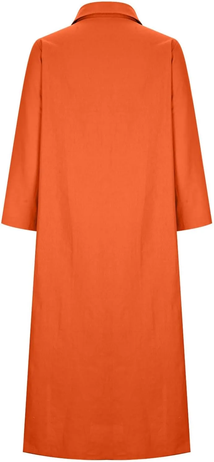 Womens Casual Long Sleeve Button Down Dress Loose Cotton Linen Maxi Shirt Dress Plus Size Flowy Summer Beach Long Dress