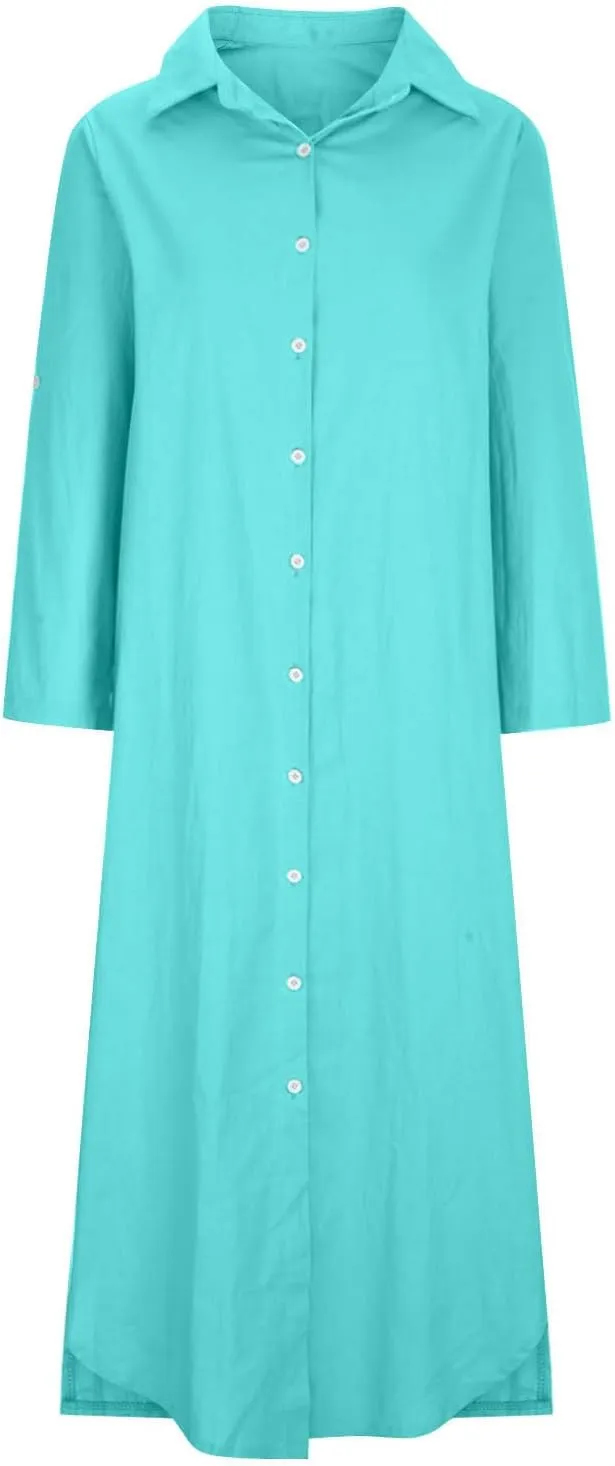 Womens Casual Long Sleeve Button Down Dress Loose Cotton Linen Maxi Shirt Dress Plus Size Flowy Summer Beach Long Dress