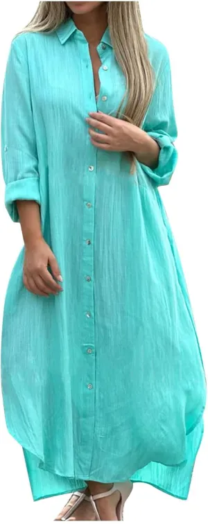 Womens Casual Long Sleeve Button Down Dress Loose Cotton Linen Maxi Shirt Dress Plus Size Flowy Summer Beach Long Dress