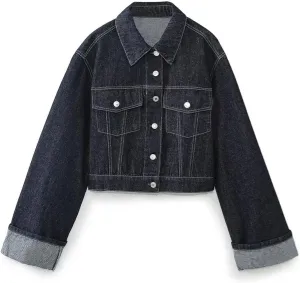 Women's Casual Street Turn-Down Collar Rolled Sleeves Pocket Decorated Denim Jacket Top
