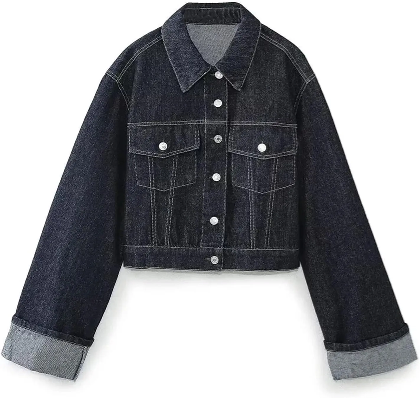 Women's Casual Street Turn-Down Collar Rolled Sleeves Pocket Decorated Denim Jacket Top