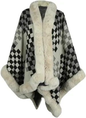 Womens Checkered Poncho Knitted Sweaters Cape Faux Fur Trim Layers Shawl Wraps Open Front Cardigan Cloak Tops Scarf for Women
