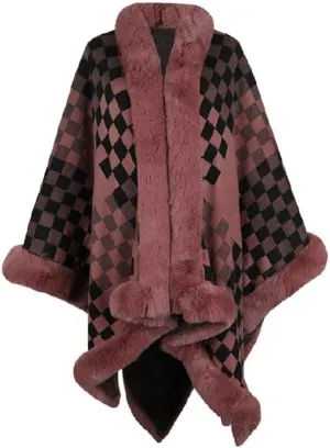 Womens Checkered Poncho Knitted Sweaters Cape Faux Fur Trim Layers Shawl Wraps Open Front Cardigan Cloak Tops Scarf for Women
