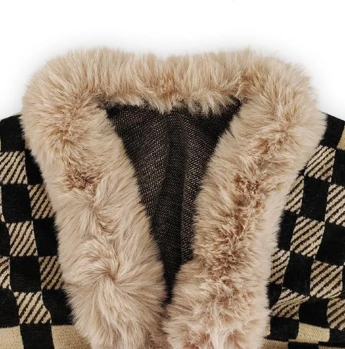 Womens Checkered Poncho Knitted Sweaters Cape Faux Fur Trim Layers Shawl Wraps Open Front Cardigan Cloak Tops Scarf for Women