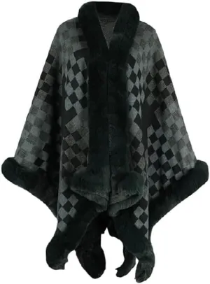 Womens Checkered Poncho Knitted Sweaters Cape Faux Fur Trim Layers Shawl Wraps Open Front Cardigan Cloak Tops Scarf for Women
