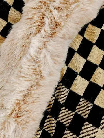 Womens Checkered Poncho Knitted Sweaters Cape Faux Fur Trim Layers Shawl Wraps Open Front Cardigan Cloak Tops Scarf for Women