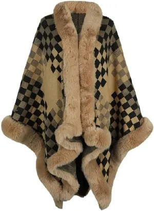 Womens Checkered Poncho Knitted Sweaters Cape Faux Fur Trim Layers Shawl Wraps Open Front Cardigan Cloak Tops Scarf for Women