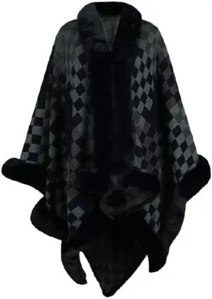 Womens Checkered Poncho Knitted Sweaters Cape Faux Fur Trim Layers Shawl Wraps Open Front Cardigan Cloak Tops Scarf for Women
