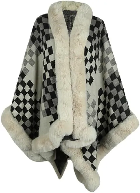 Womens Checkered Poncho Knitted Sweaters Cape Faux Fur Trim Layers Shawl Wraps Open Front Cardigan Cloak Tops Scarf for Women