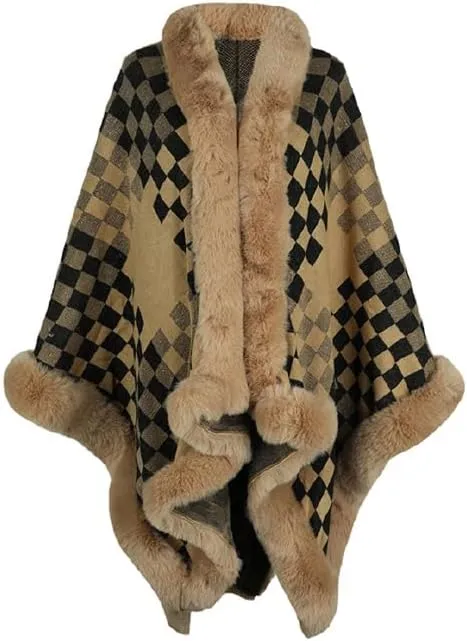 Womens Checkered Poncho Knitted Sweaters Cape Faux Fur Trim Layers Shawl Wraps Open Front Cardigan Cloak Tops Scarf for Women
