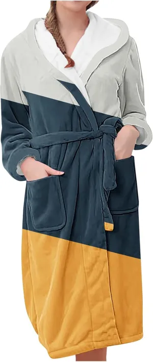Womens Color Block Robe Fleece Plush Soft, Fluffy Fuzzy Cozy Warm Lightweight Bathrobe, Shower Spa House Long Robe