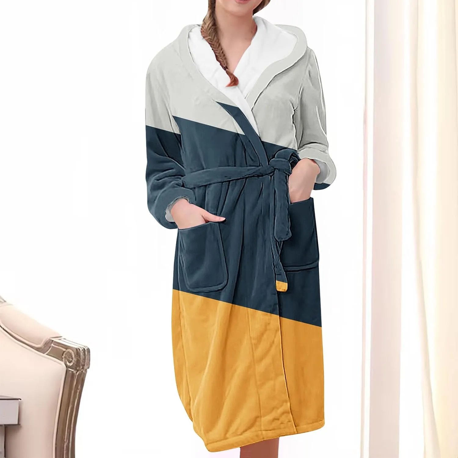 Womens Color Block Robe Fleece Plush Soft, Fluffy Fuzzy Cozy Warm Lightweight Bathrobe, Shower Spa House Long Robe