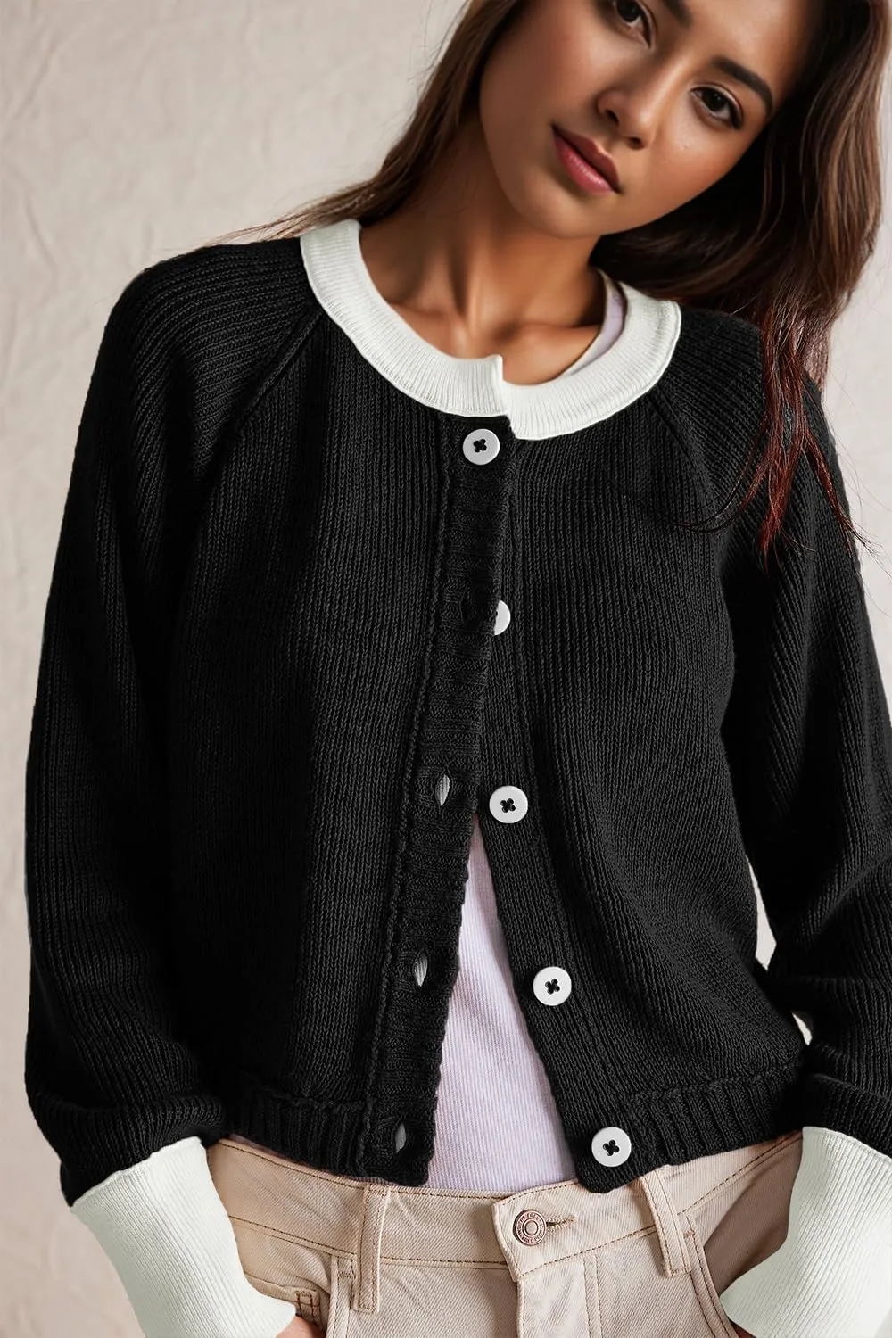 Women's Cropped Cardigan Sweaters Fall Long Sleeve Open Front Cardigans Button Down Color Block Crewneck Knit Outwear Coats