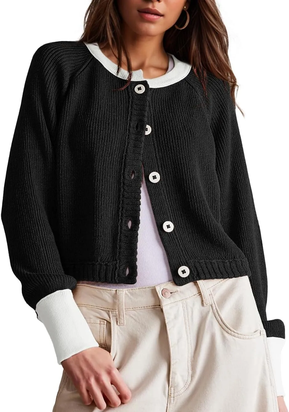 Women's Cropped Cardigan Sweaters Fall Long Sleeve Open Front Cardigans Button Down Color Block Crewneck Knit Outwear Coats