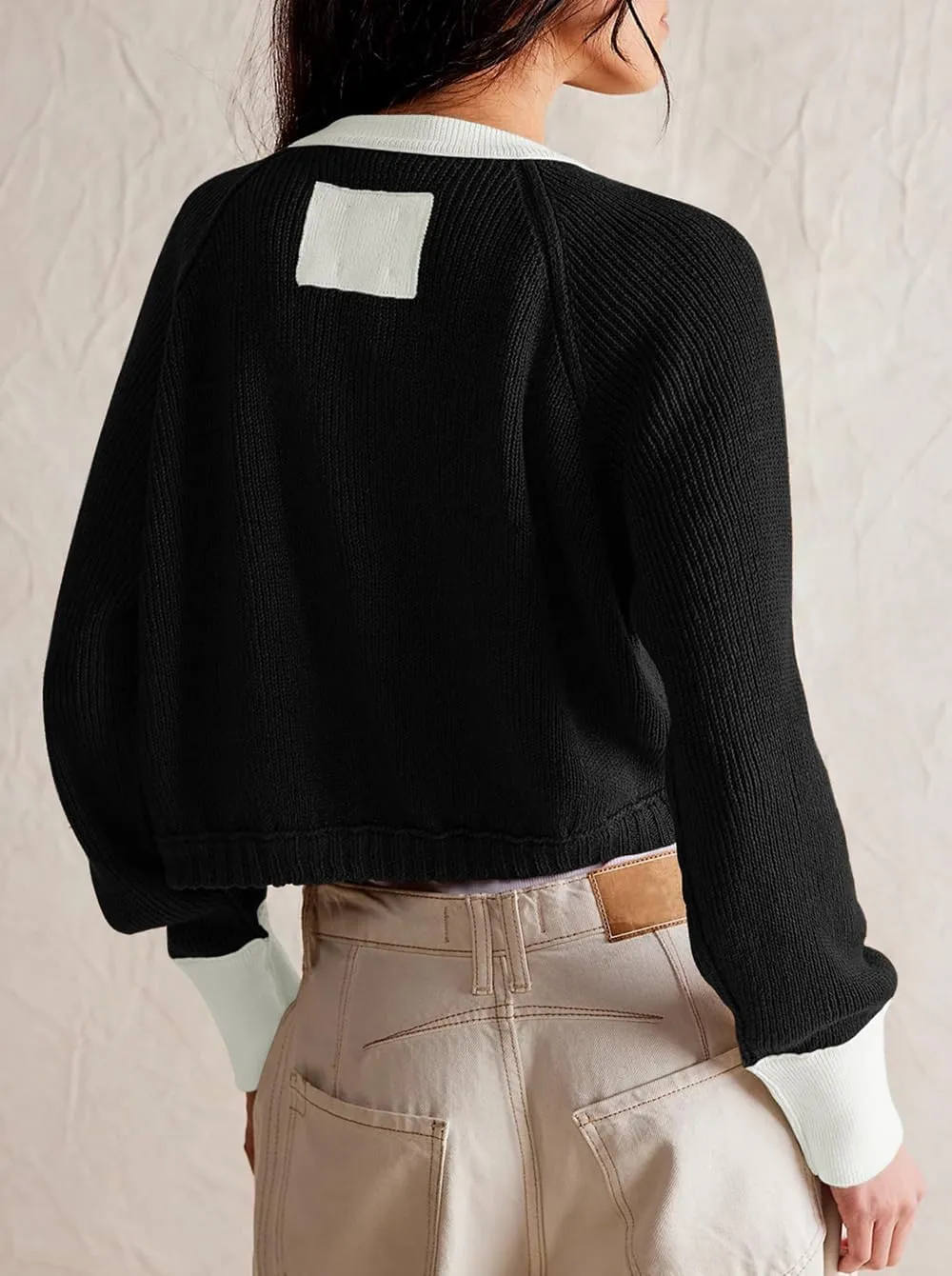 Women's Cropped Cardigan Sweaters Fall Long Sleeve Open Front Cardigans Button Down Color Block Crewneck Knit Outwear Coats